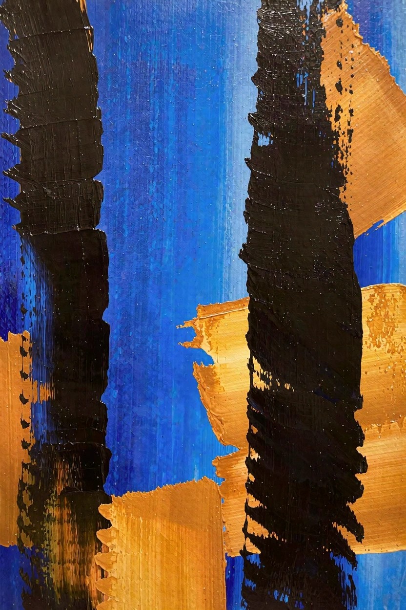 Abstract oil painting with two tall black vertical forms on a blue background accented by irregular orange and gold shapes.