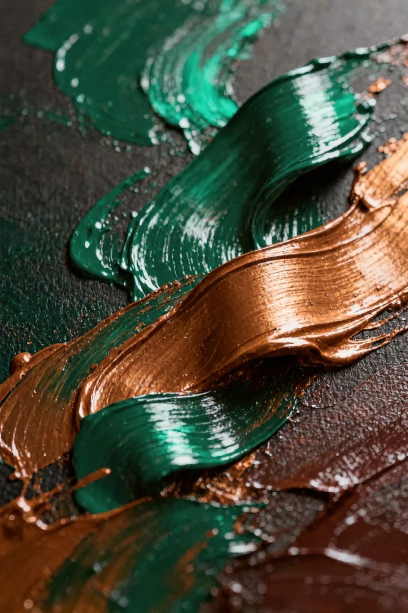 Close-up of thick, swirling emerald green and metallic copper oil paint strokes layered on a dark textured background.