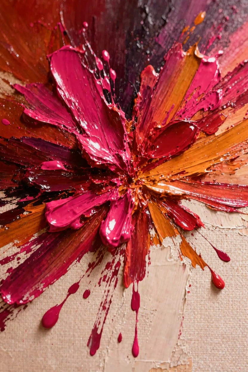 Abstract oil painting of a bursting red-orange flower with thick textured strokes and drips on beige canvas.