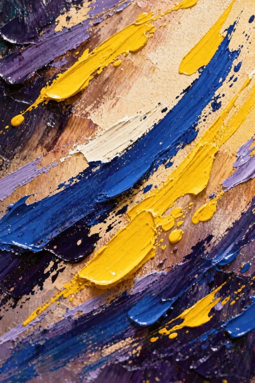 Abstract oil painting with thick, sweeping strokes and drips in purple, yellow, blue, and beige on a textured surface.