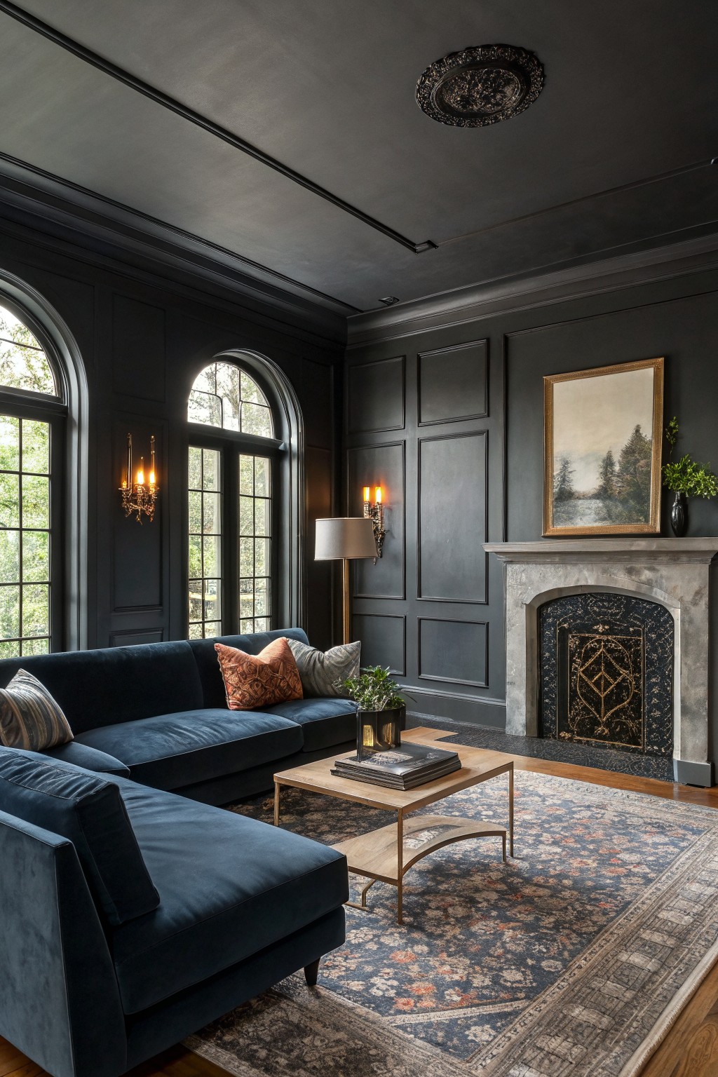 Living room with deep charcoal gray paneled walls, navy velvet sectional sofa, ornate fireplace, and large arched windows letting in natural light
