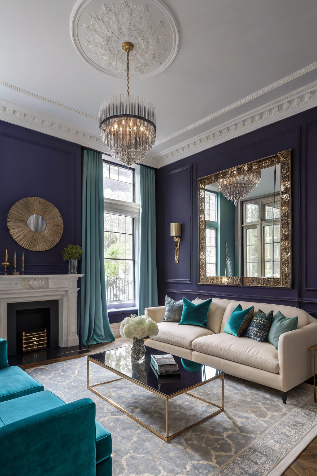 Living room with deep navy paneled walls, cream sofa with teal pillows, gold-framed mirror, and chandelier