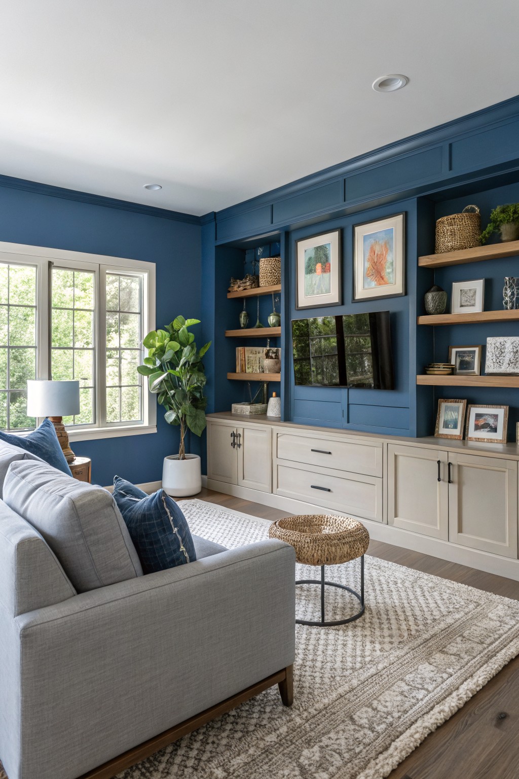 Living room with deep navy blue walls and matching built-in shelving around a TV, gray sofa, and plants