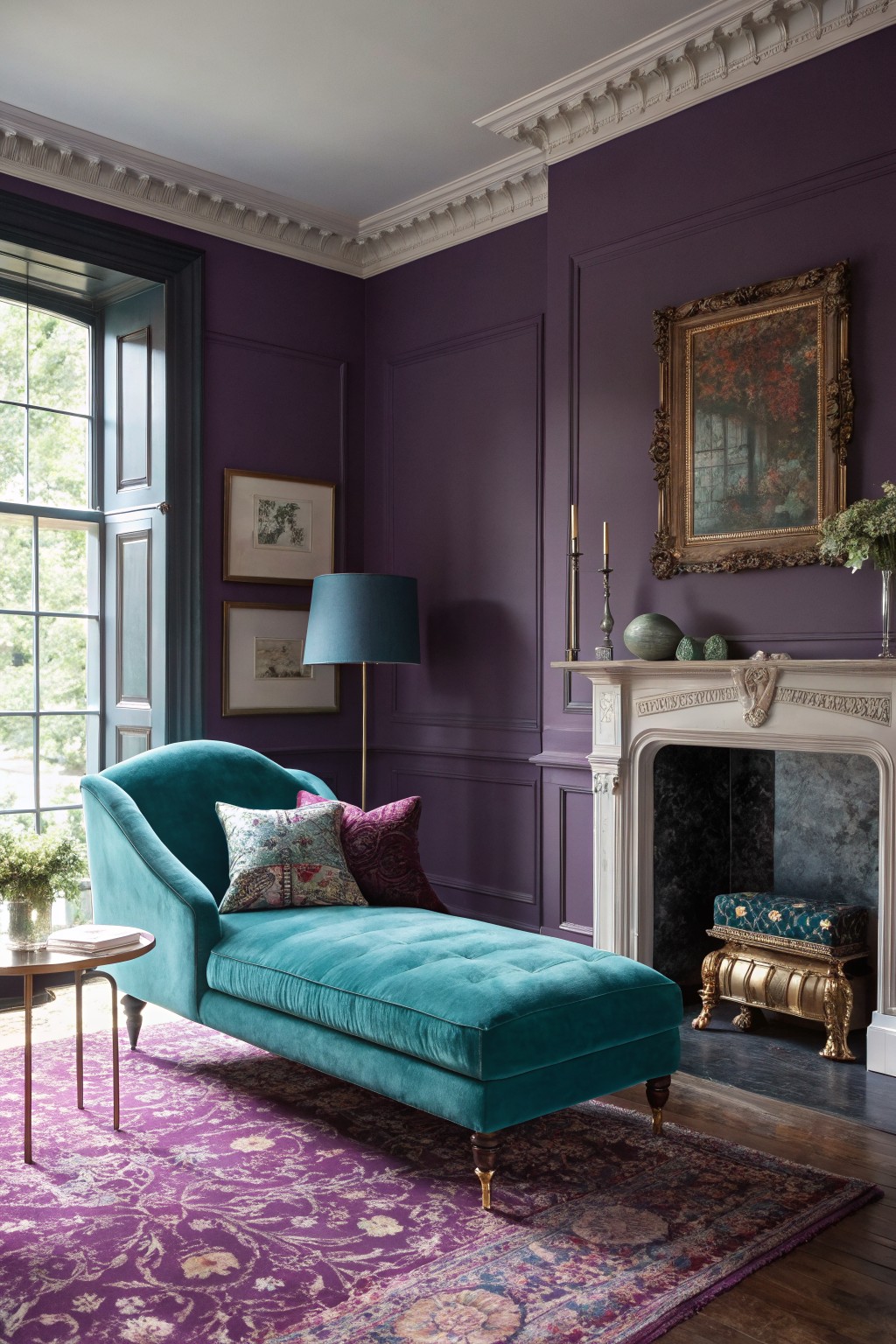 Living room corner with deep purple paneled walls, teal velvet chaise lounge by the window, ornate white fireplace with gold stool, and purple Persian rug
