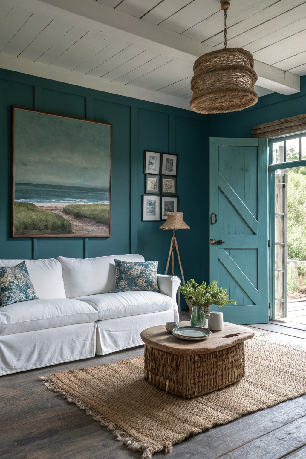 Cozy living room featuring deep teal paneled walls, white sofa with blue pillows, rattan basket table, and French doors open to the garden