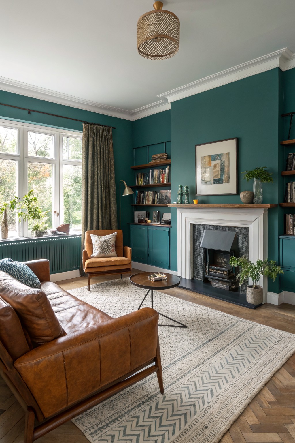 Living room featuring deep teal walls, tan leather sofa and armchair, wood floors, fireplace with plants, and large windows with green views