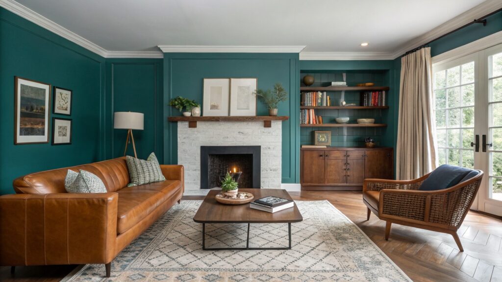 Living room featuring deep teal walls, tan leather sofa and armchair, wood floors, fireplace with plants, and large windows with green views