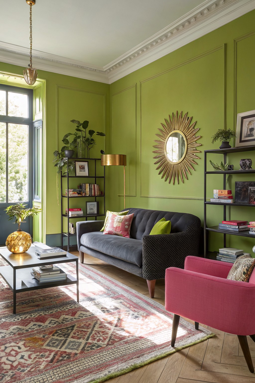 Living room with sage green paneled walls, black tufted sofa, pink accent chair, gold sunburst mirror, plants, and eclectic rugs on wood floors
