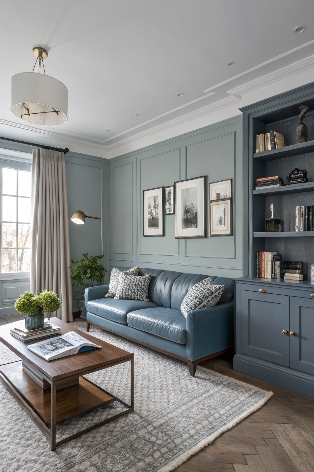 Cozy living room featuring soft blue-gray paneled walls with blue leather sofa and wood floors
