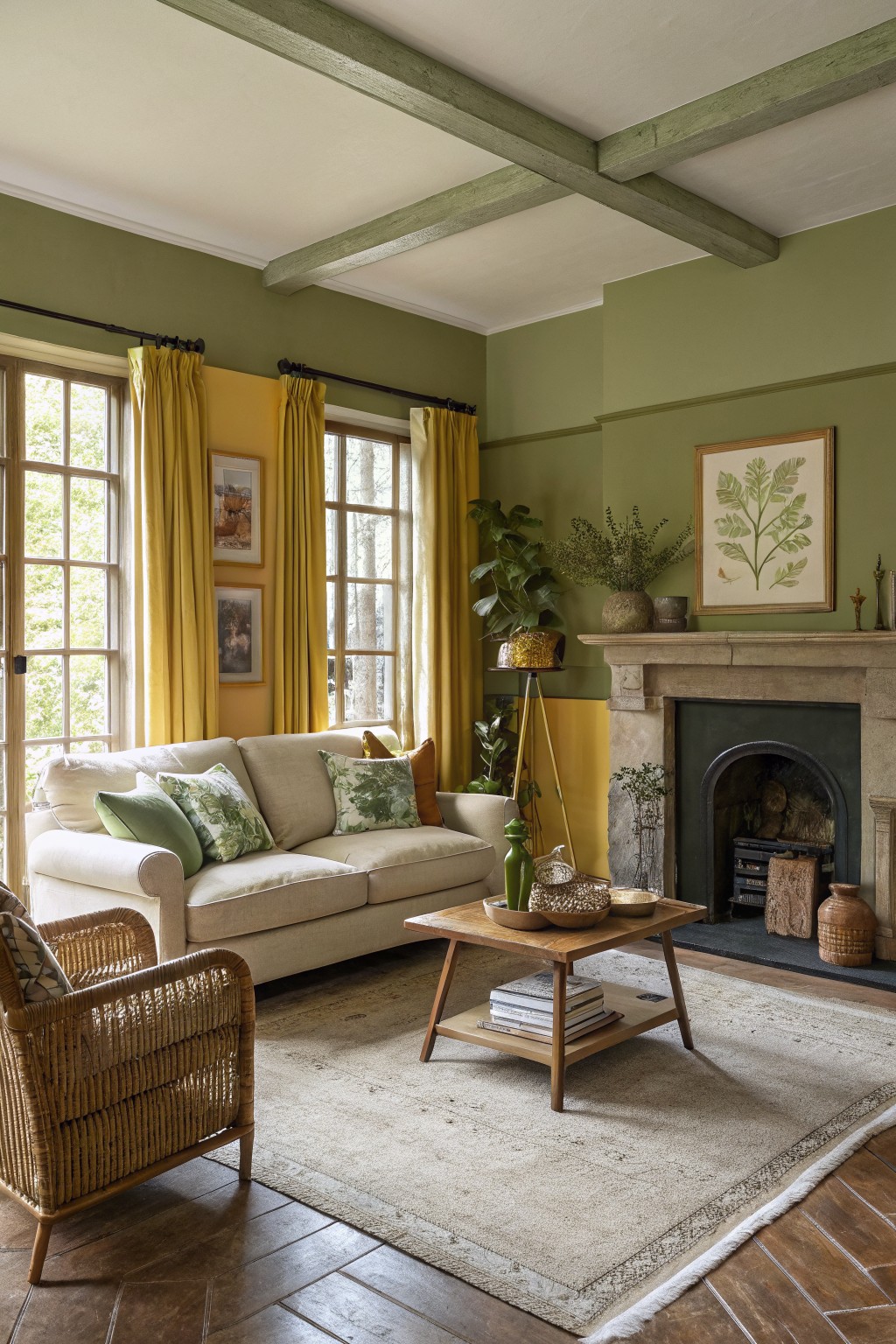 Living room with soft sage green walls, yellow curtains on large windows, cream sofa, rattan chair, wood coffee table, plants, and stone fireplace