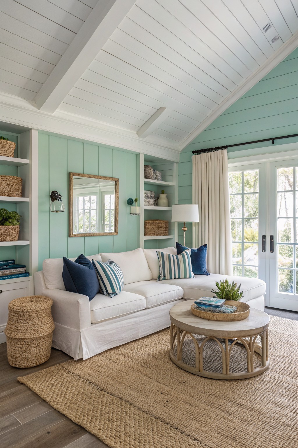 Living room with pale seafoam green shiplap walls, white slipcovered sofa, woven furniture, and French doors to outdoors