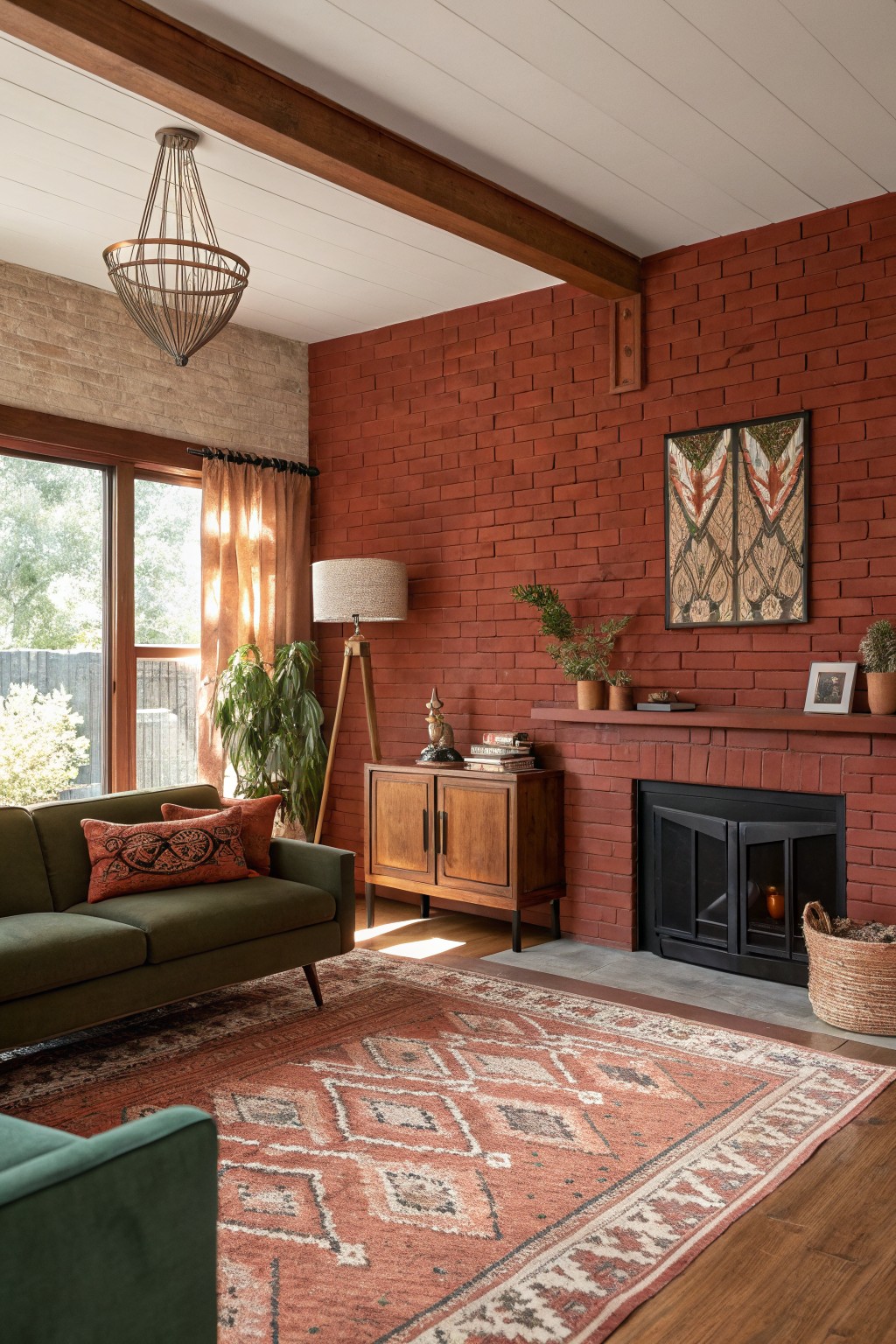 Living room with exposed warm red brick accent wall around a black fireplace, flanked by wooden credenza, green sofa, potted plants, and woven rug on hardwood floor