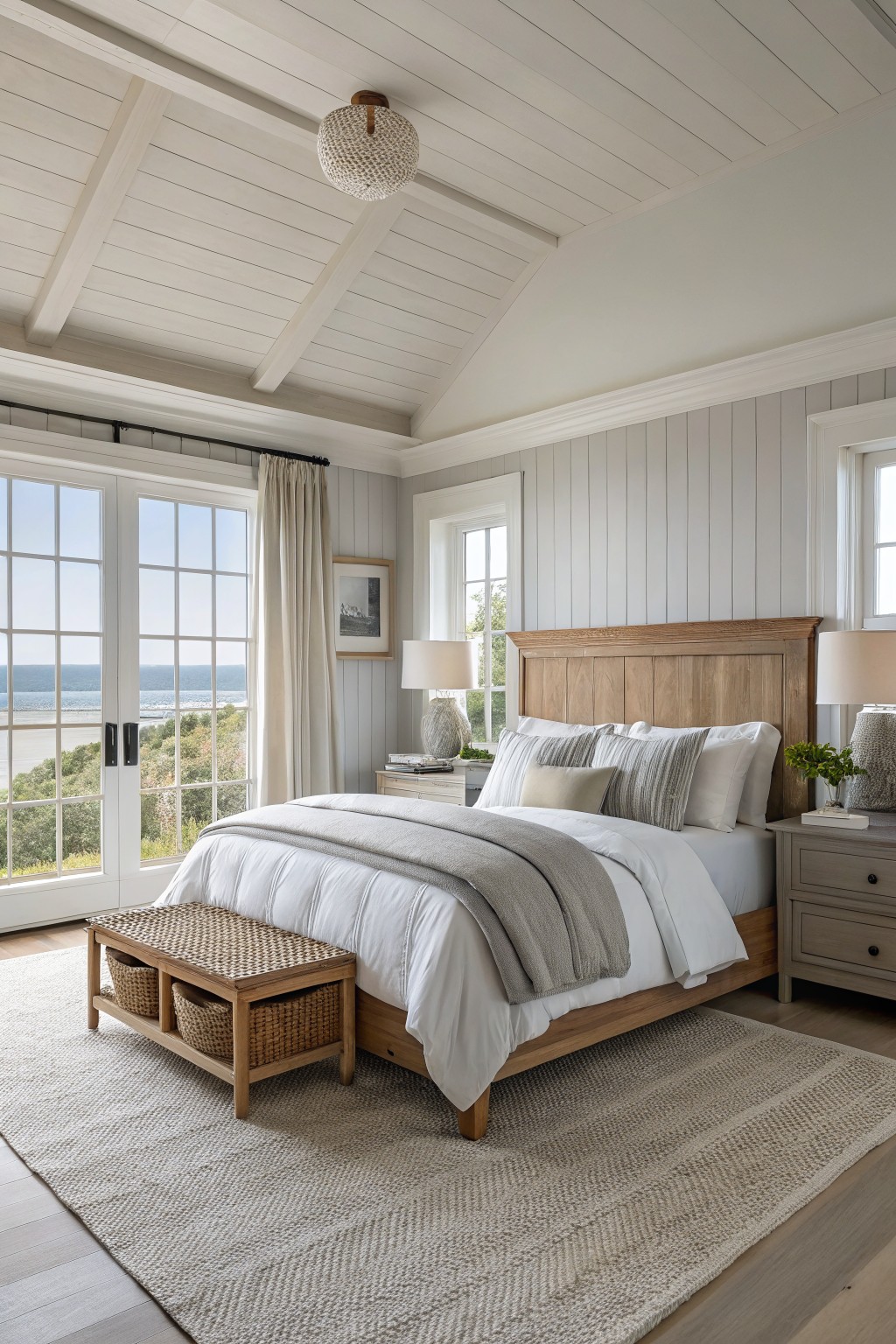 Bedroom with light gray shiplap walls, wooden bed frame, large ocean-view windows, and neutral bedding