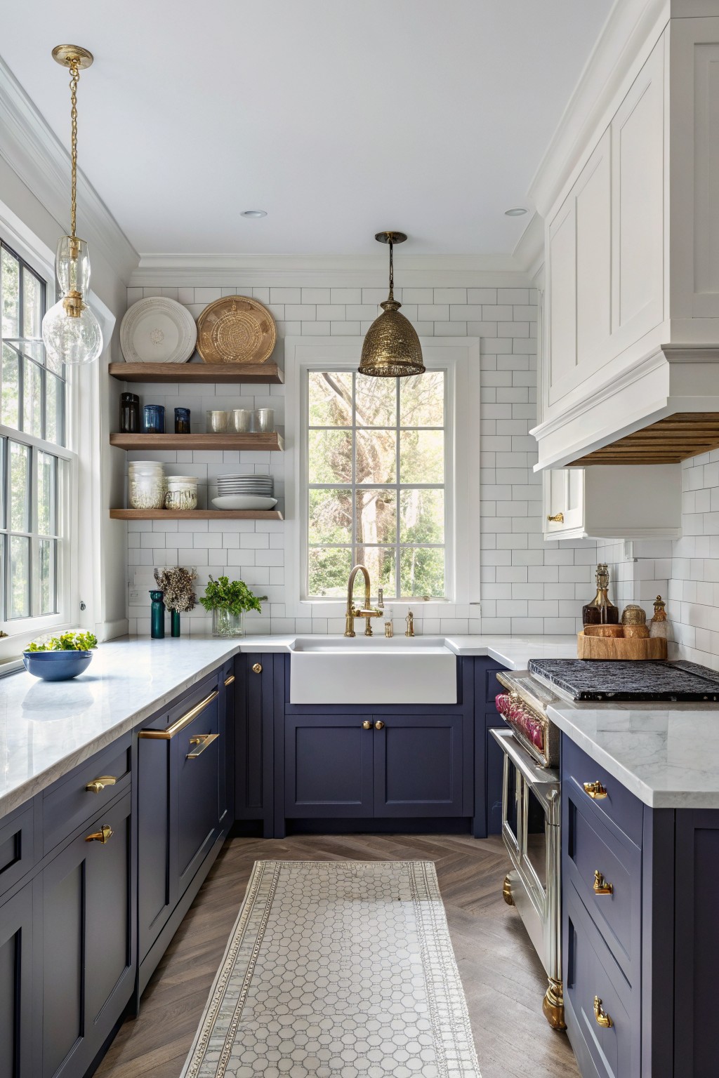 Kitchen with deep navy lower cabinets, white uppers, marble counters, brass hardware, and open shelving against white subway tile backsplash