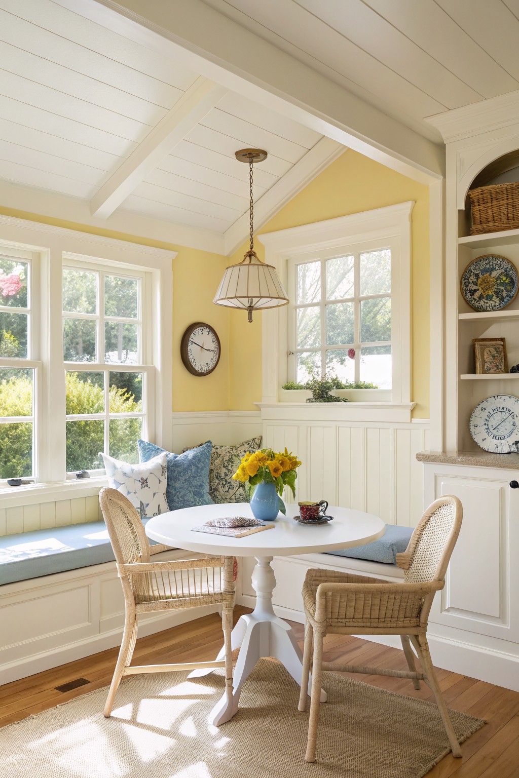 Cozy window nook with pale butter yellow walls, white wainscoting, round white table, wicker chairs, and fresh flowers in morning light