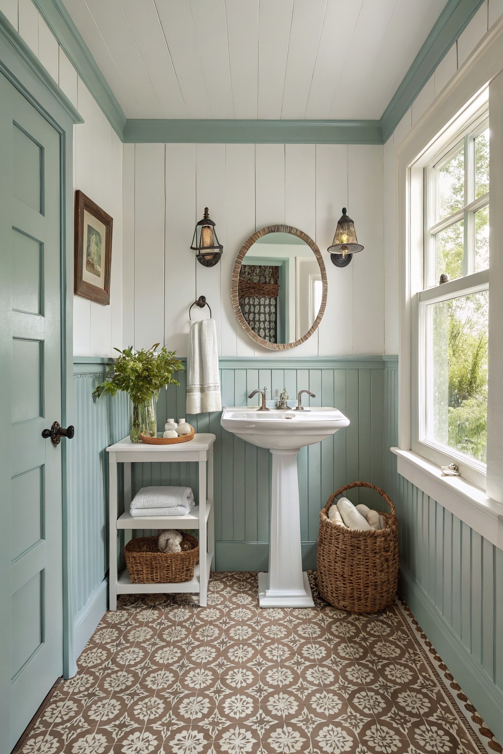 Cozy powder room with pale blue-green wainscot walls, white pedestal sink, round rattan mirror, and patterned floor tiles next to a window