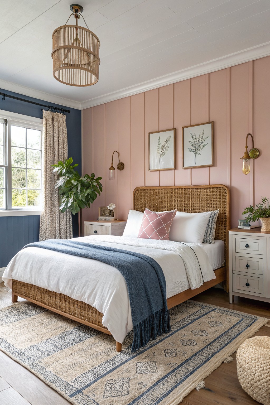 Cozy bedroom with soft blush pink paneled walls, rattan bed draped in white linens and a blue throw, navy blue window area, potted plants, woven rug, and seagrass pendant light