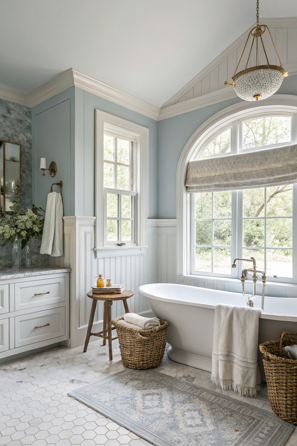 Light blue wainscoted bathroom with clawfoot tub, arched windows, woven baskets, and soft natural daylight
