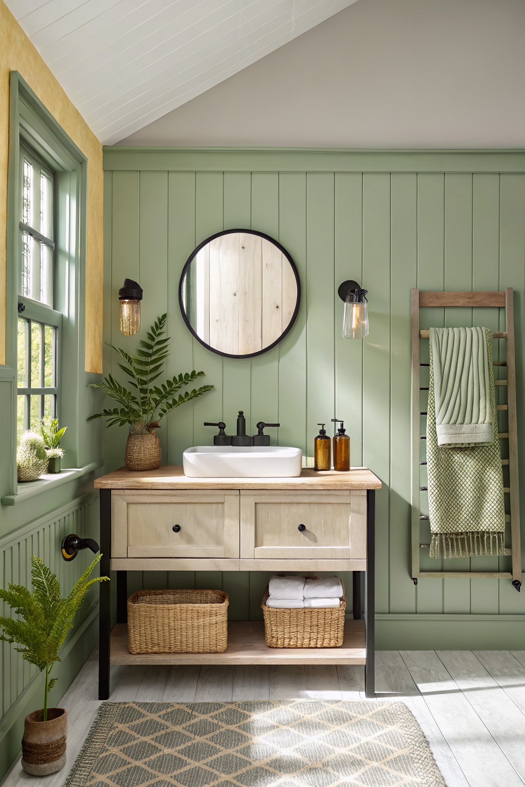 Bathroom with soft sage green shiplap walls, light wood vanity and vessel sink, round mirror, plants, ladder towel rack, and natural light from window