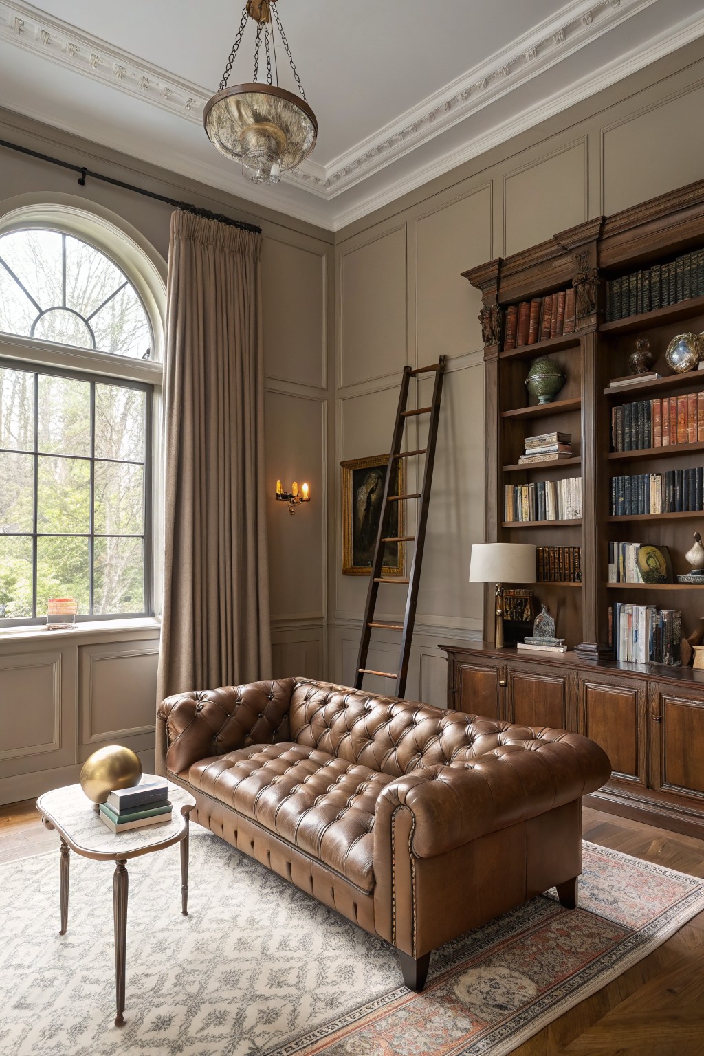 Elegant library with warm greige paneled walls, dark wood bookshelves on ladder, tan leather chesterfield sofa, and arched window overlooking trees