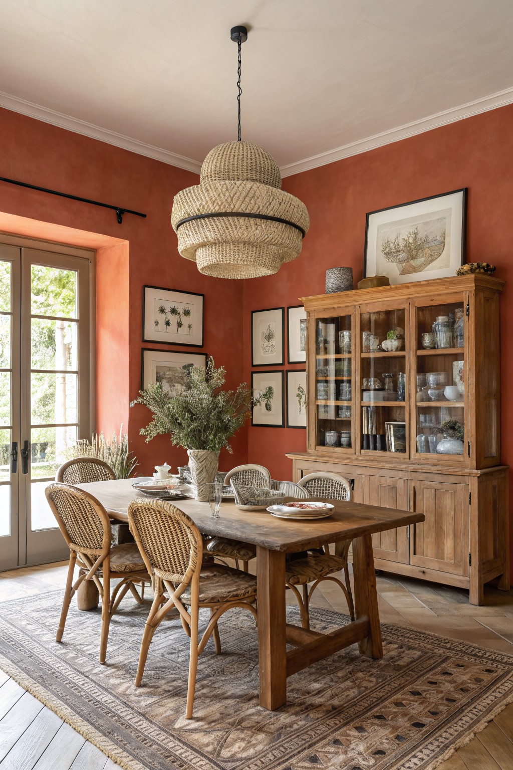 Dining room featuring warm terracotta walls with wooden table, rattan chairs, large woven pendant light, glazed wood cabinet, and potted plants