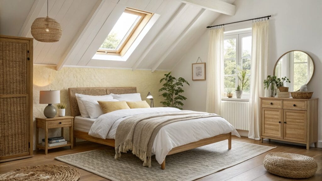 Cozy attic bedroom with warm white textured walls, wooden beams, rattan bed, yellow curtains and pillows, plants on nightstand
