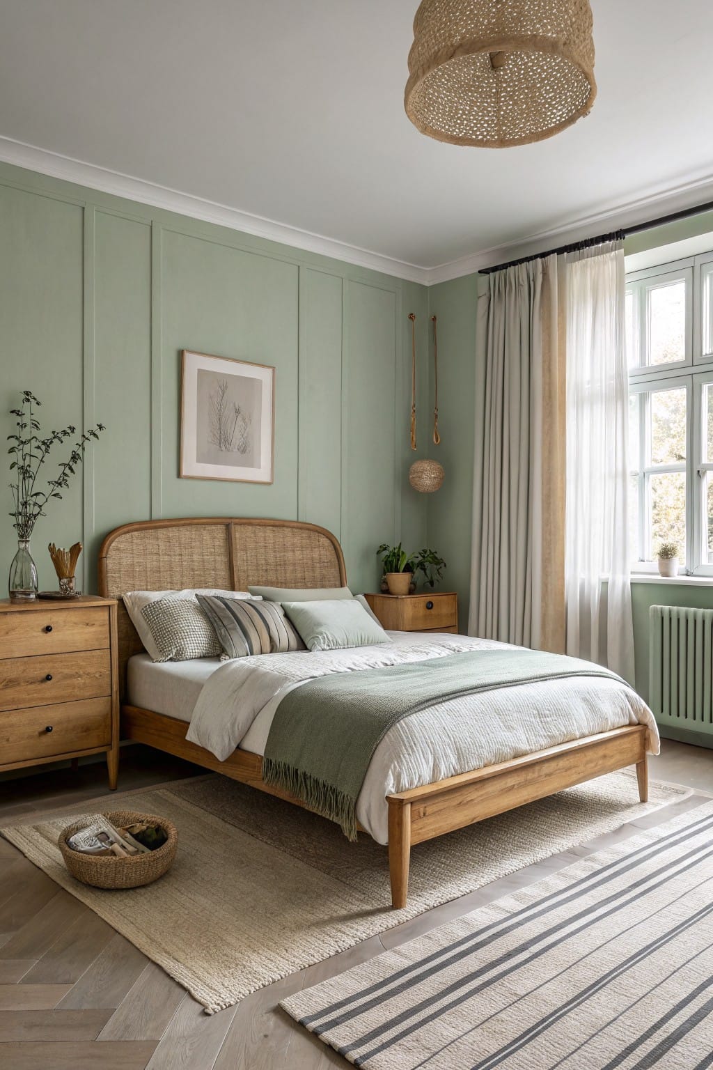Small bedroom with pale sage green paneled walls, rattan-woven headboard on wooden bed, neutral linens, woven pendant lights, and oak furniture on herringbone floors.