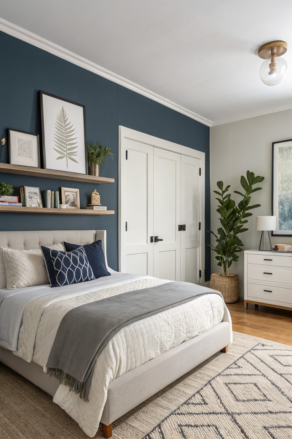 Cozy small bedroom featuring a deep navy accent wall with floating oak shelves, white bi-fold closet doors, light gray upholstered bed with navy pillows, potted plants, white dresser, and woven rug on hardwood floors