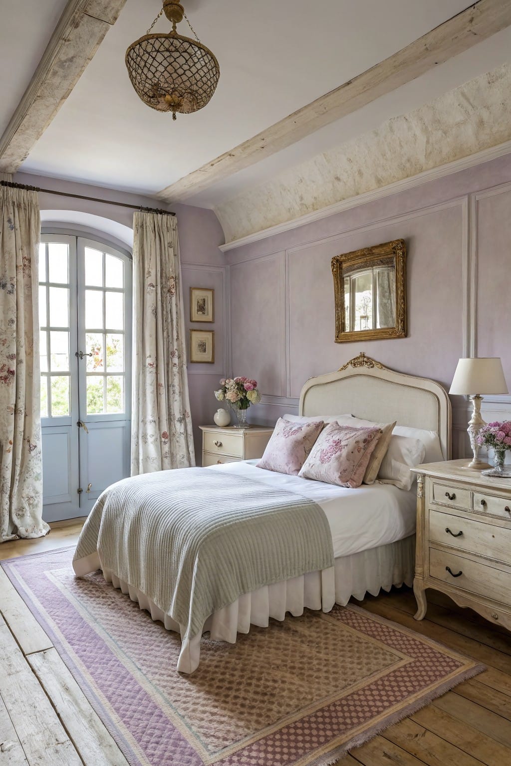 Cozy small bedroom with pale lavender walls, carved white bed draped in gray throw, antique nightstands with lamps and flowers, large French doors with floral curtains, exposed wood beams and floors