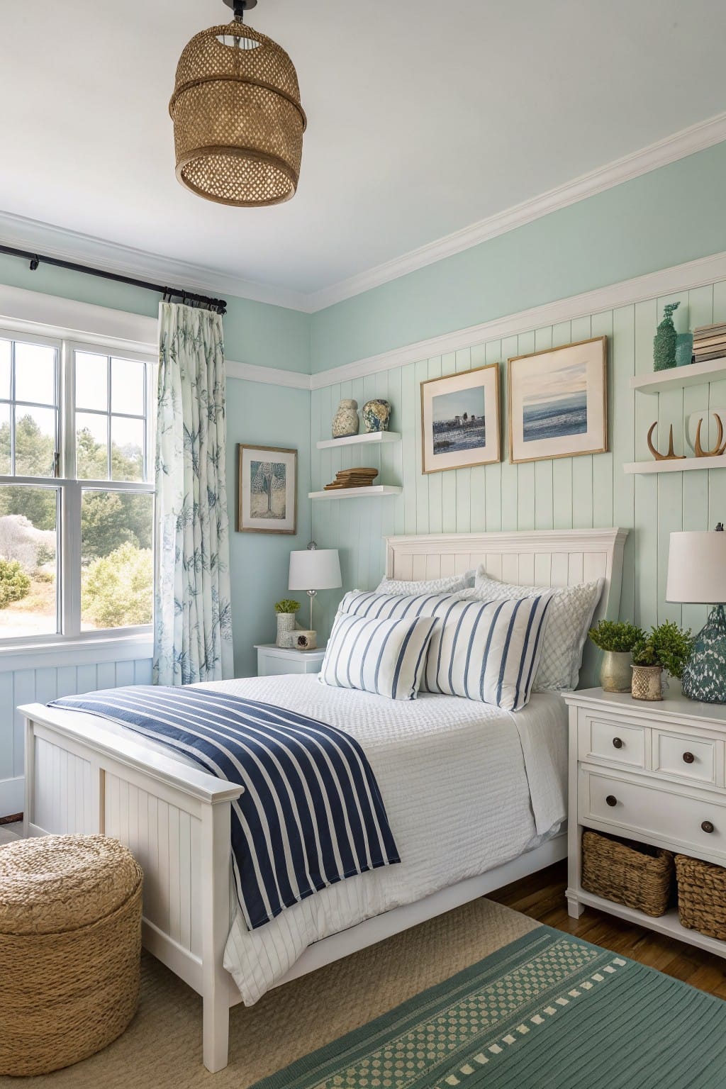 Small bedroom with pale mint green walls, white beadboard paneling, navy striped bedding on a wood-frame bed, and coastal shelves by the window