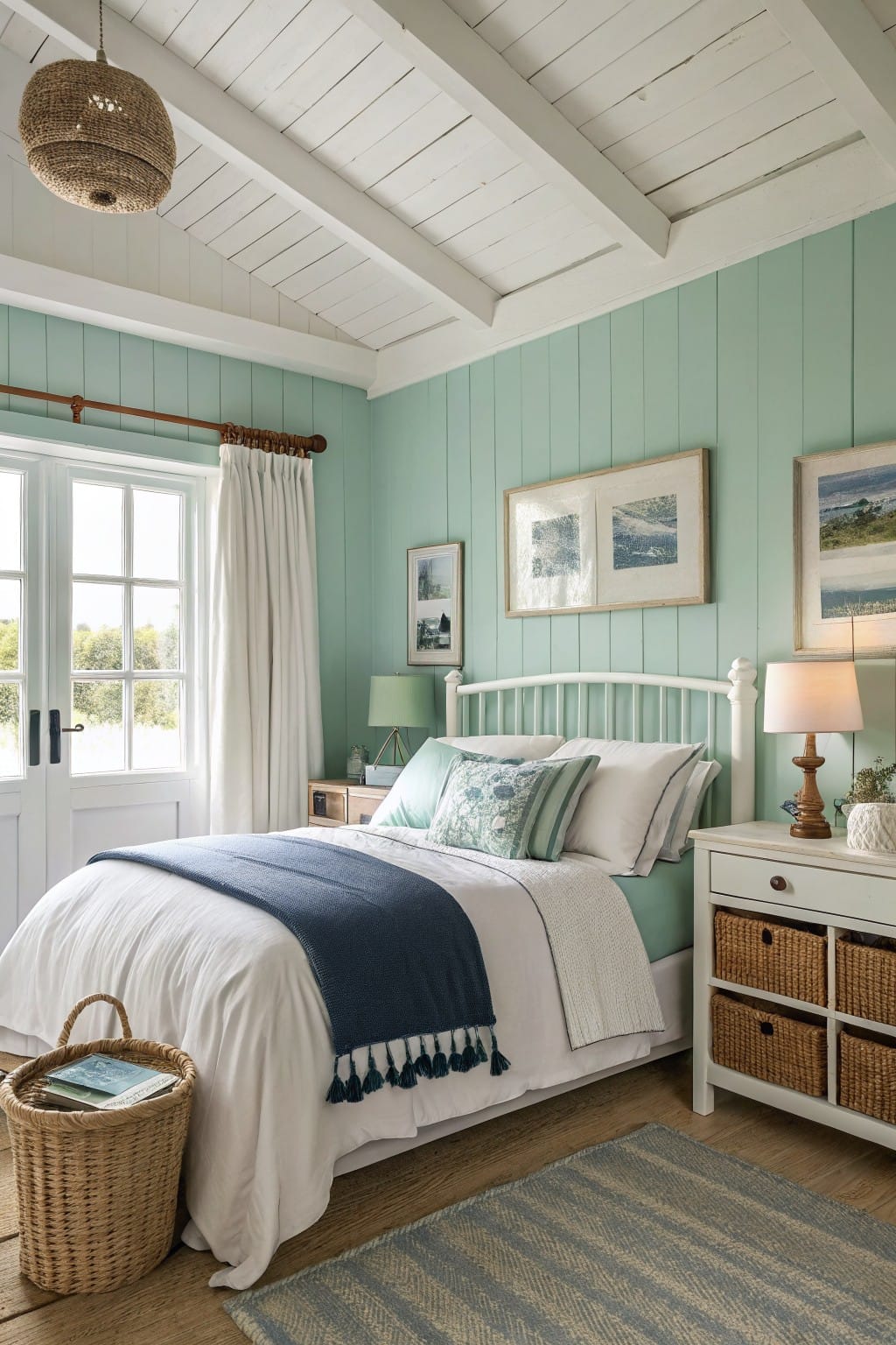 Cozy small bedroom with pale mint green shiplap walls, white iron bed dressed in blue and white linens, wood nightstands, and French doors to outdoors