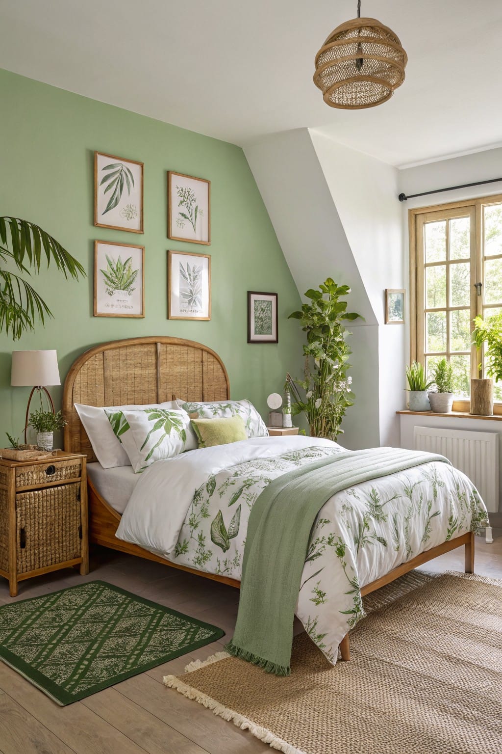 Cozy small bedroom featuring pale sage green walls, rattan bed with botanical bedding, potted plants, and framed leaf prints under a sloped ceiling.