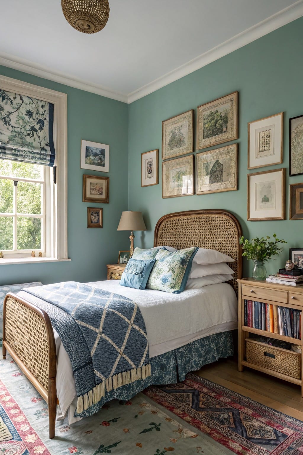 Small bedroom with pale teal walls, rattan bedframe, white linens, blue throw, eclectic framed art, and wood nightstand