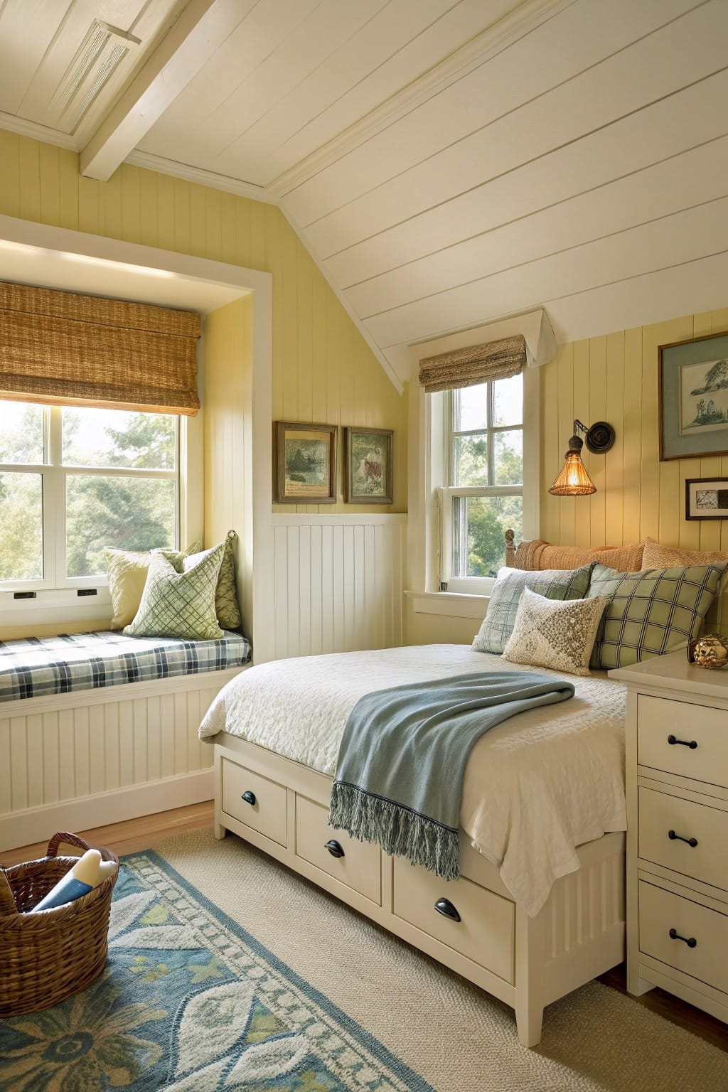 Cozy small attic bedroom featuring pale yellow paneled walls, a built-in window seat with plaid cushions, twin bed with drawers and blue throw, white trim, and hardwood floors with blue rug