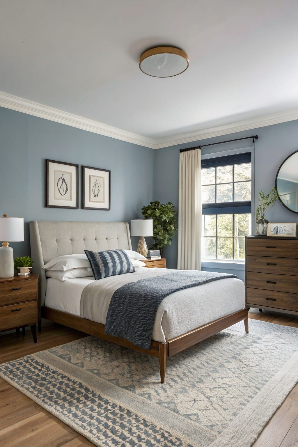 Bedroom interior with pale blue-gray walls, tufted beige headboard, wood bedframe and nightstands, white bedding with navy throw, potted plant, and window with sheer curtains
