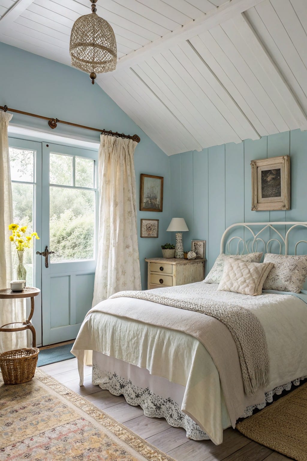 Cozy small bedroom with soft pale blue paneled walls, white iron bed, and French doors opening to greenery