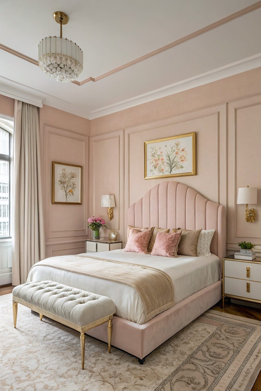 Stylish bedroom with pink walls, plush headboard, elegant decor, and soft lighting.
