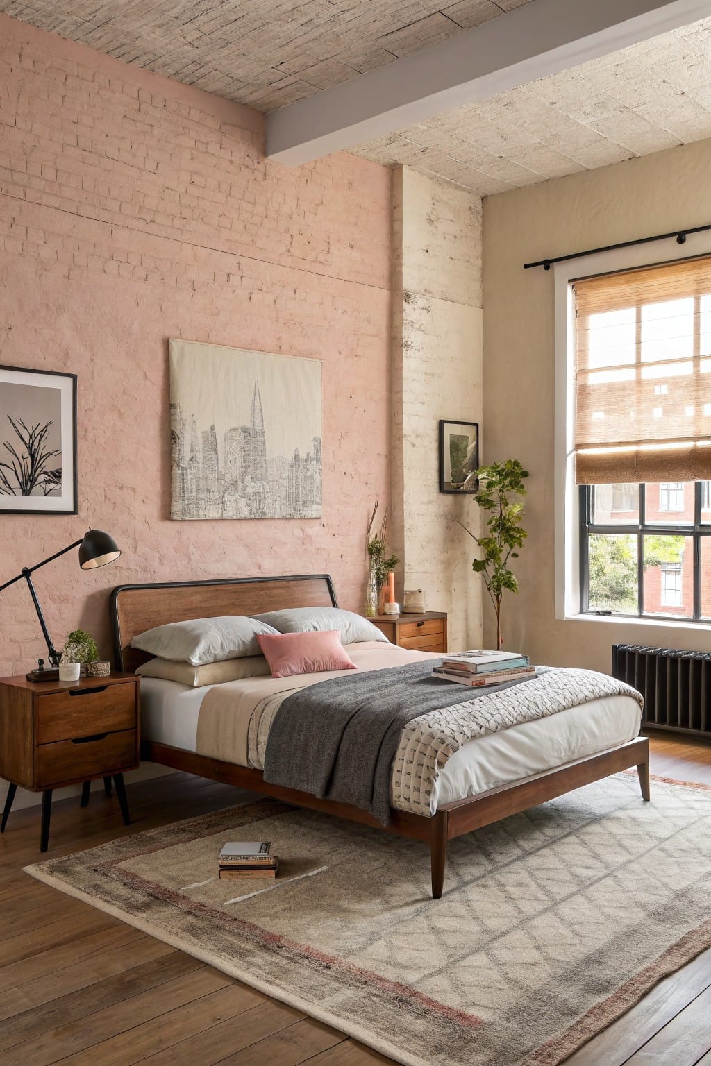 Small loft-style bedroom with blush pink brick walls, mid-century wood bed frame, neutral linens, and potted plants near window.