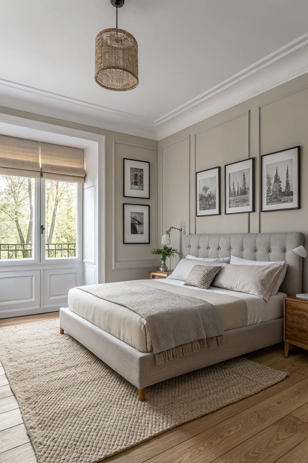 Small bedroom with soft greige paneled walls, tufted upholstered bed in light gray, oak nightstand, seagrass rug, and tall windows with trees outside