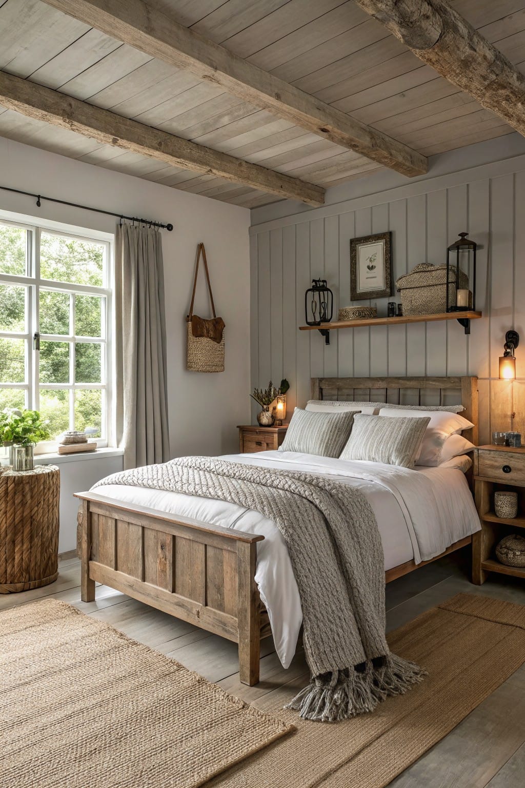 Small cozy bedroom with soft greige walls, wooden bed frame, exposed beam ceiling, and warm lighting