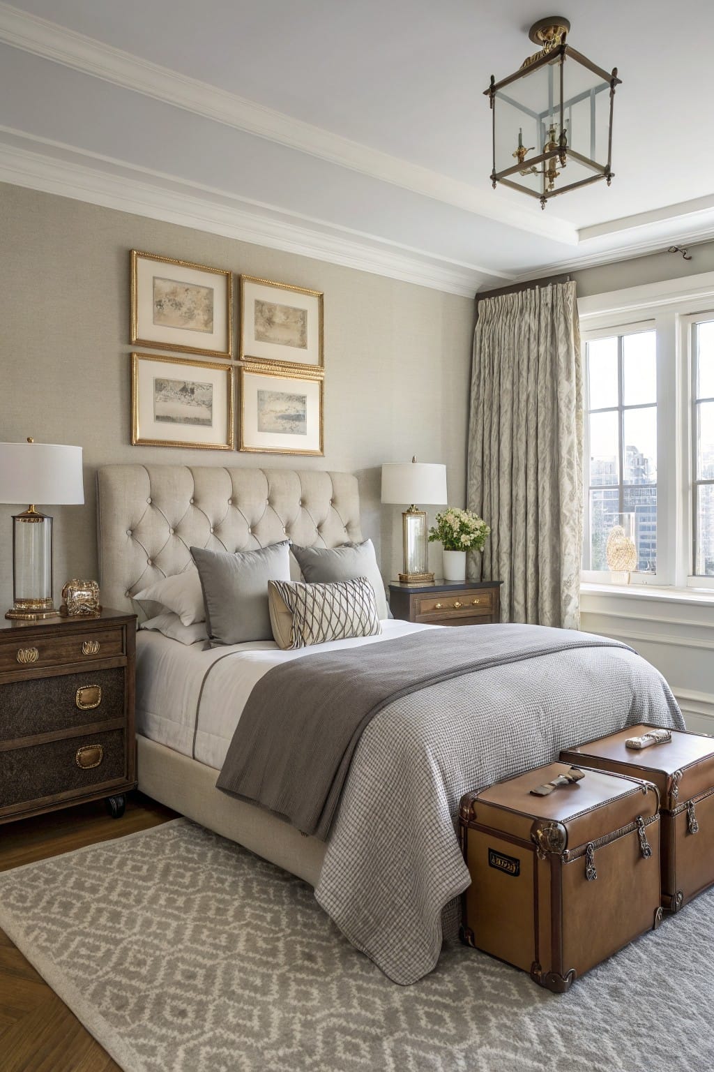 Cozy small bedroom with soft greige walls, tufted upholstered bed, wood nightstands, leather trunks at foot, and window with city view