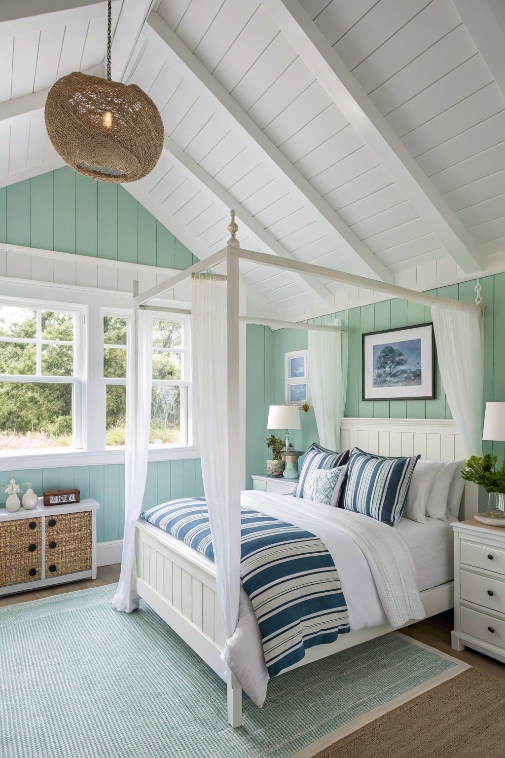 Small coastal-style bedroom with pale mint green shiplap walls, white four-poster canopy bed draped in sheer curtains, navy striped bedding, rattan furniture, and large windows with green views