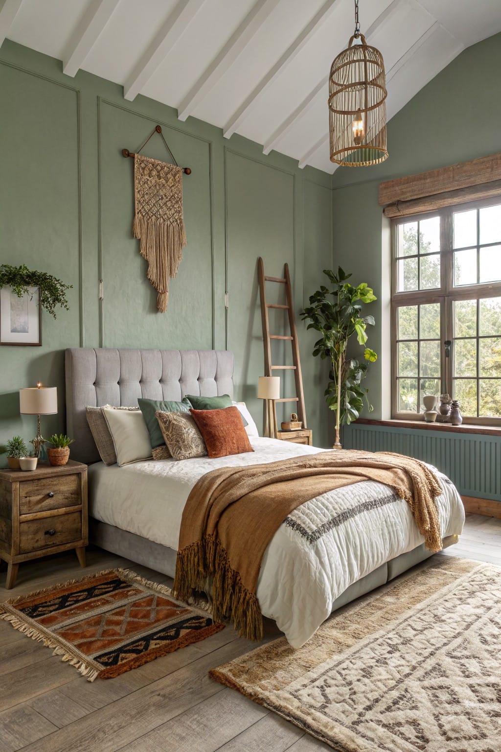 Small bedroom with soft sage green paneled walls, gray upholstered bed, wooden furniture, plants, and layered rugs on hardwood floors