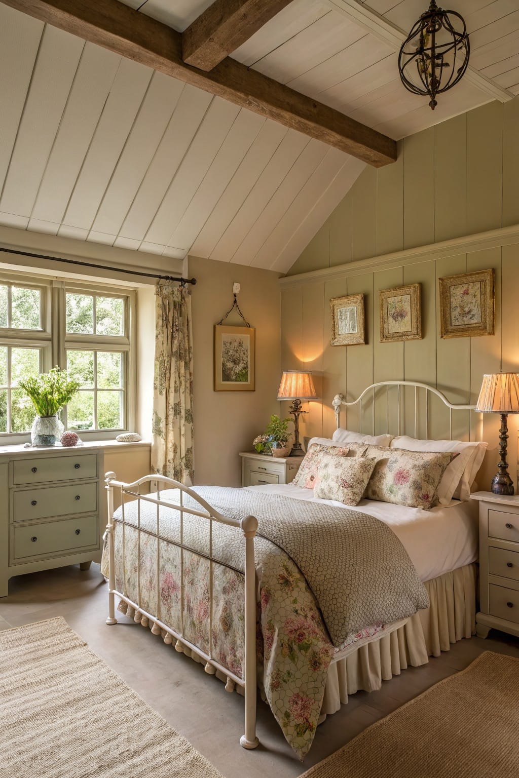 Cozy attic bedroom featuring pale sage green paneled walls, white iron bed with floral bedding, wooden beams, and soft lighting