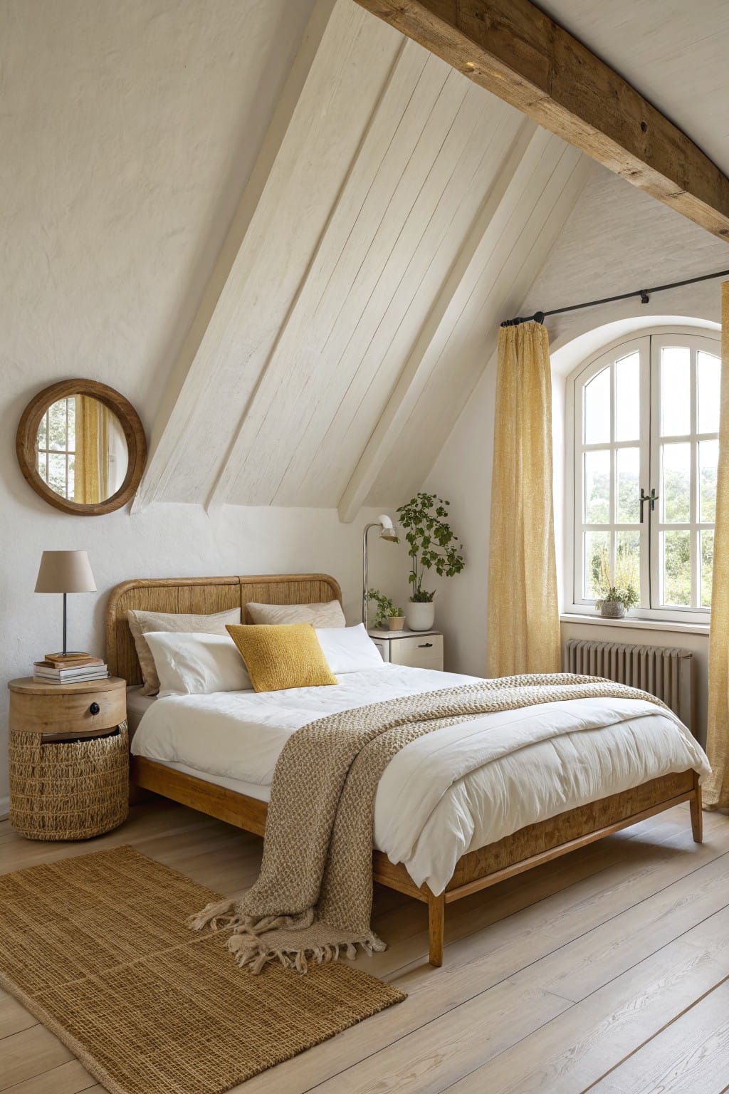 Cozy attic bedroom with warm white textured walls, wooden beams, rattan bed, yellow curtains and pillows, plants on nightstand