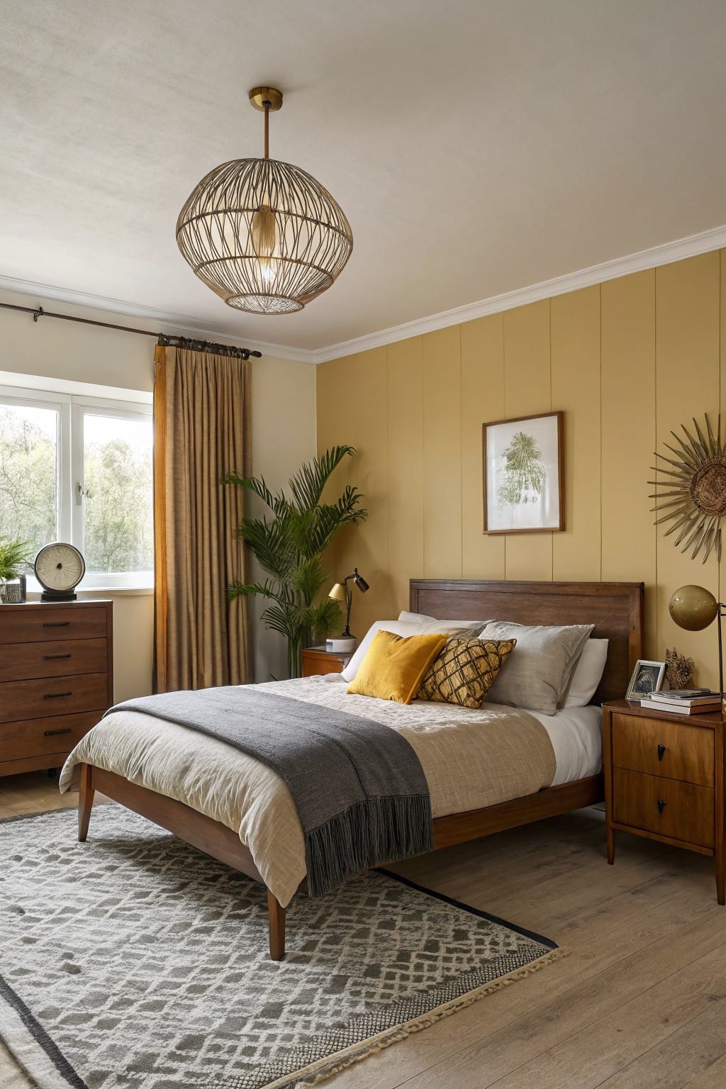 Small bedroom with warm yellow paneled walls, midcentury wooden bed and nightstands, rattan pendant light, potted plants, and layered neutral bedding on light wood floors