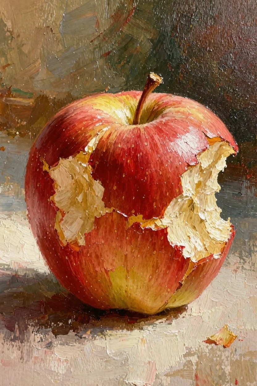 Realistic oil painting of a red apple with a large irregular bite revealing white flesh, stem intact, on a pale surface with dark blurred background.