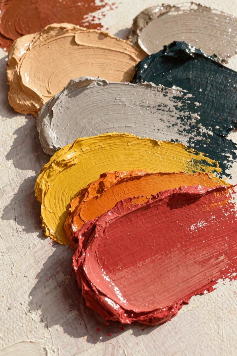Thick oil paint swatches in earth tones, grays, navy, yellows, oranges, and reds smeared diagonally on a white canvas.