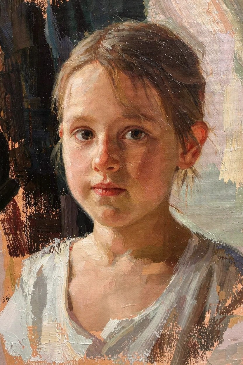Oil painting of a young girl's face with light brown hair, wearing a white dress, against a dark textured background.