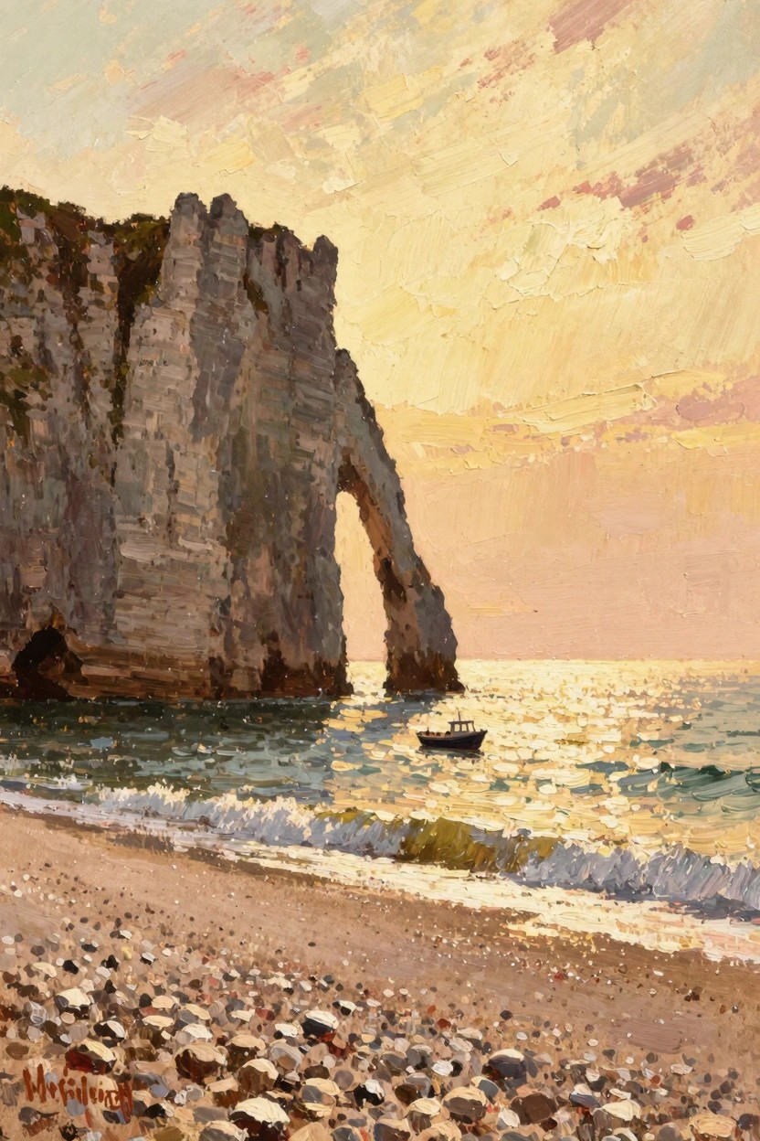 Oil painting depicts white cliffs with a natural arch at sunset over a pebbly beach, waves, a small boat, and colorful sky.